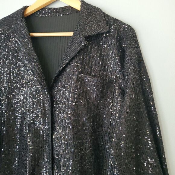 Black Sequin Long Sleeve Button UpV Neck Dress Blouse Womens Large - Picture 4 of 8